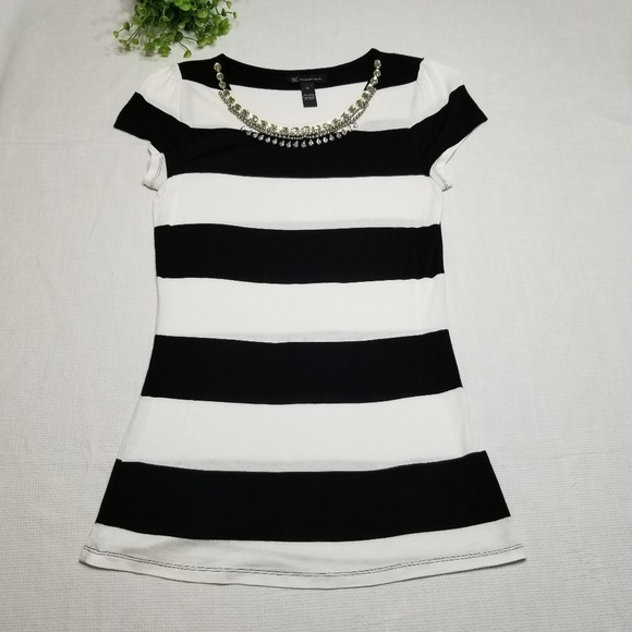 INC International Concepts Tops - INC Size Medium Striped Jeweled Neckline Top DD99